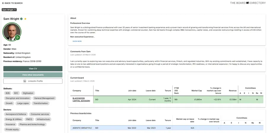 Example board profile on The Board Directory platform